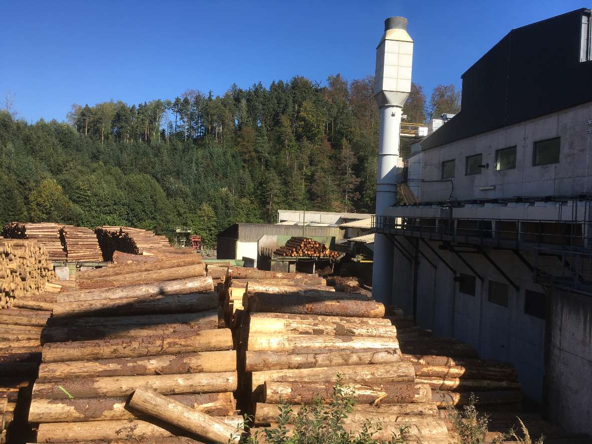 Verarbeitetes Holz vor einem Werk