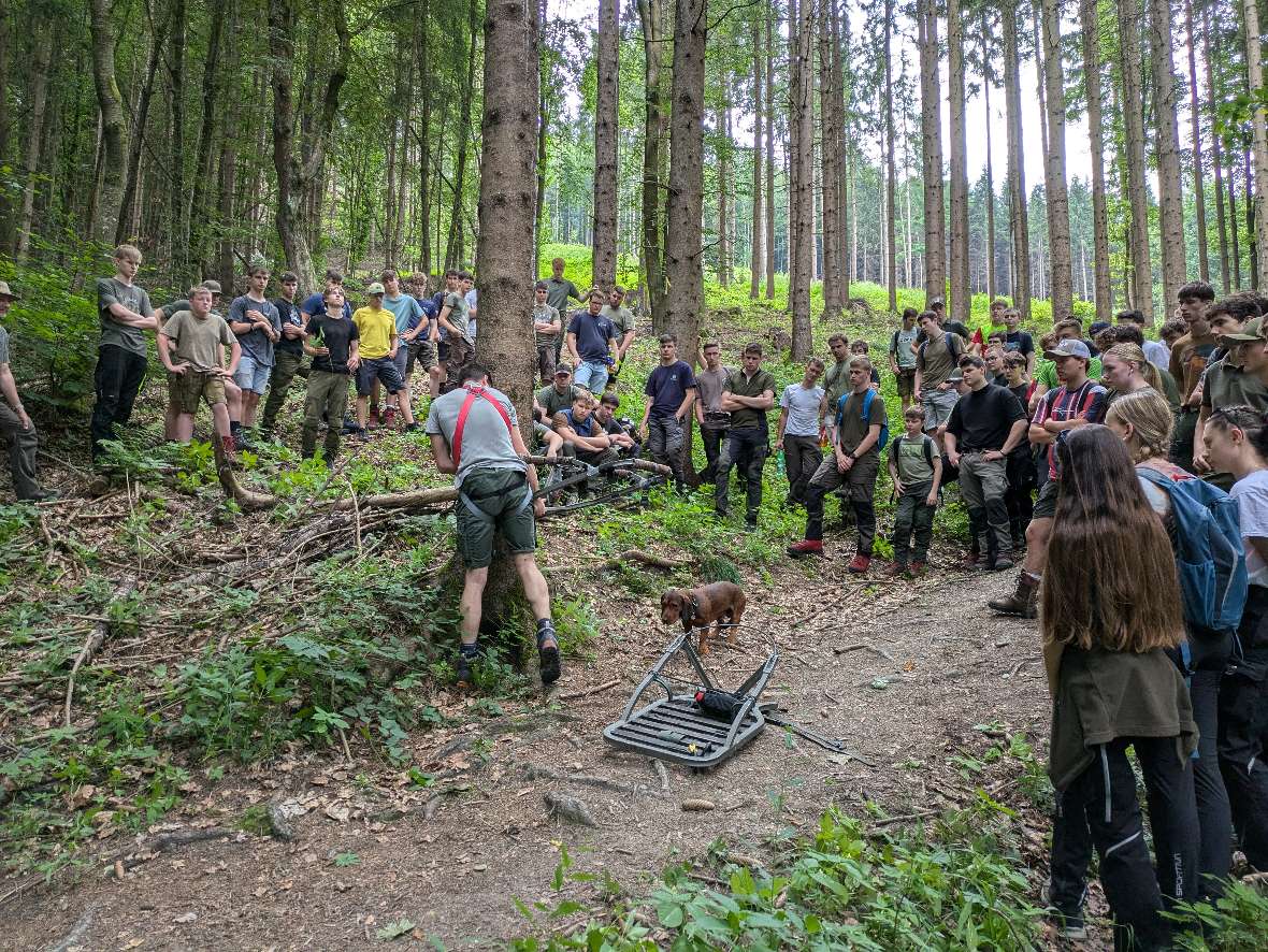 Die Gruppe versammelt sich zum praktischen Teil im Wald
