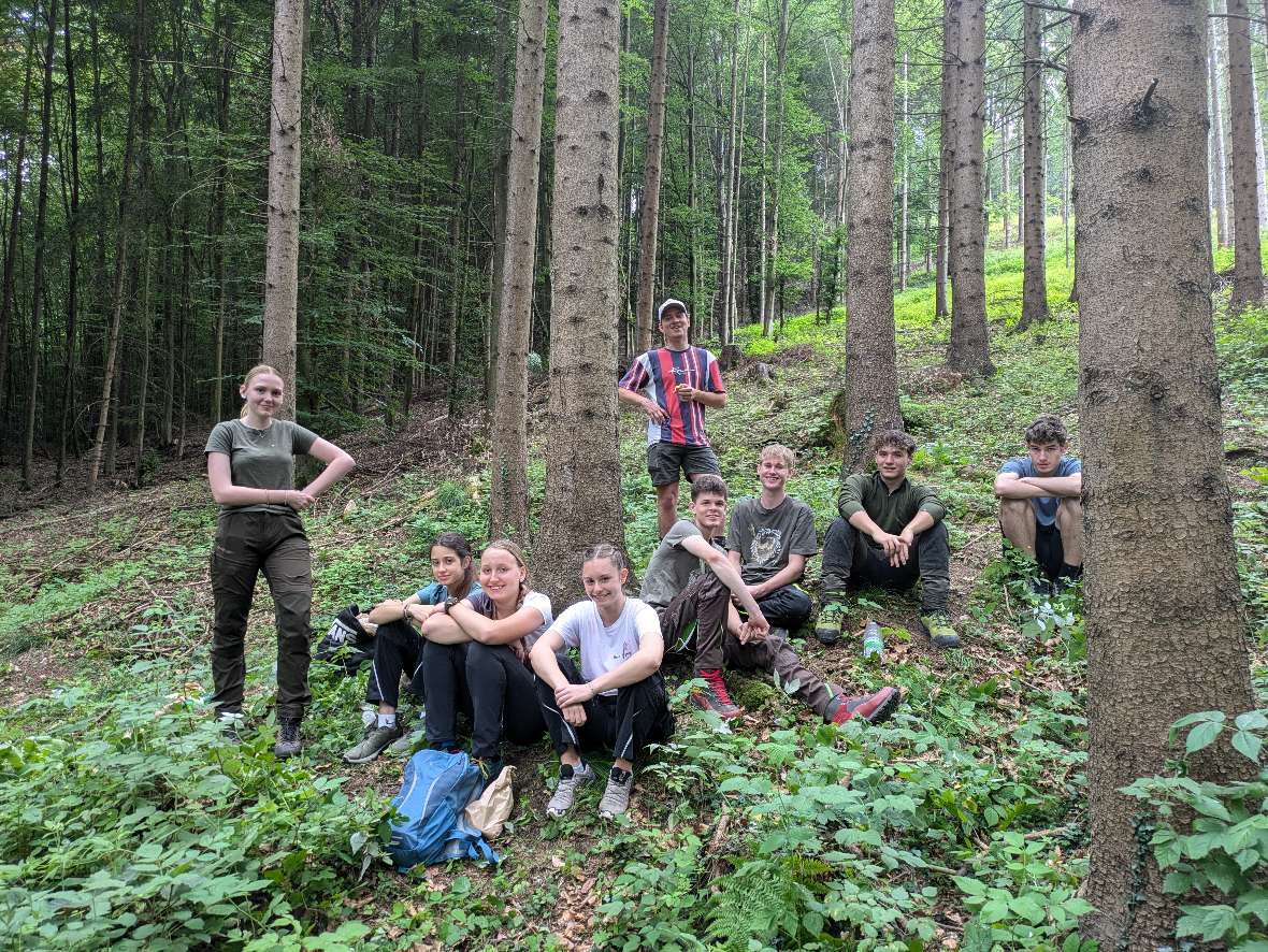 Kleine Gruppe sitzend im Wald