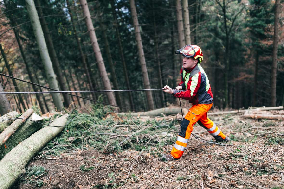 Arbeiten mit einer Seilwinde im Wald