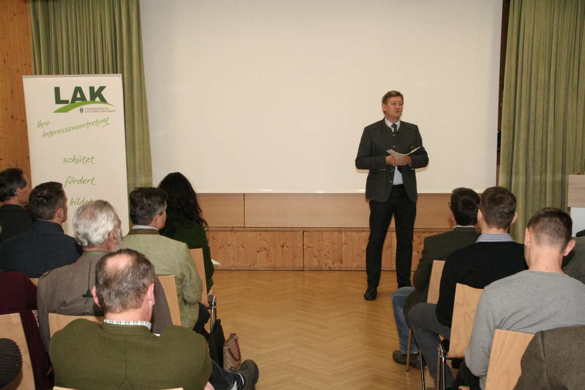Blick auf den Vortragenden mit Leinwand im Hintergrund