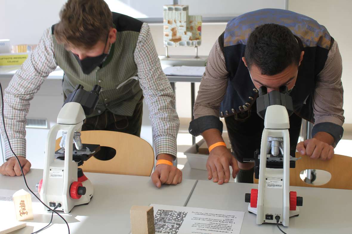 Schüler über Mikroskope gebeugt